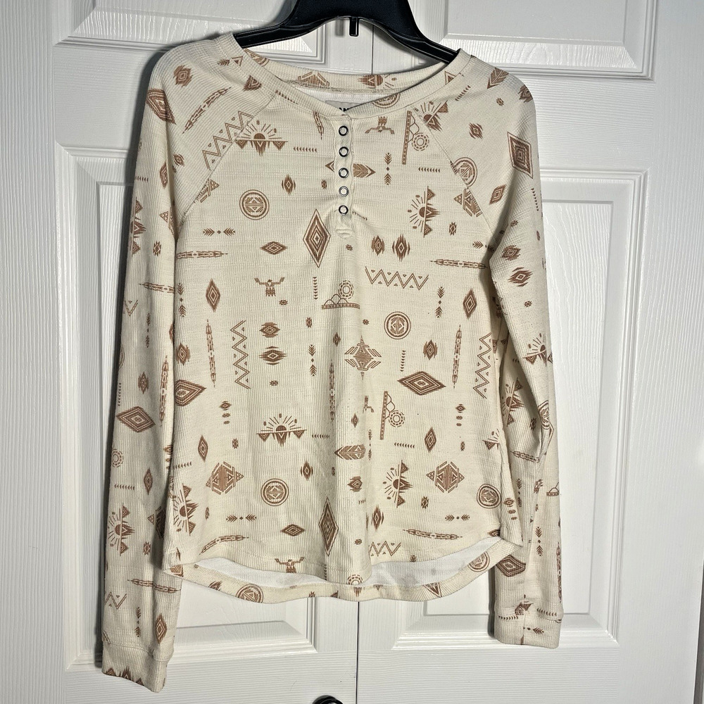 Rank 45 Shirt Men Large Beige Aztech‎ Geo Native Print Waffle Knit Base Layer